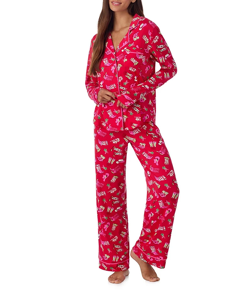 Room Service Long Sleeve Notch Collar Cozy Jersey Festive Rodeo Print Long Holiday Pajama Set