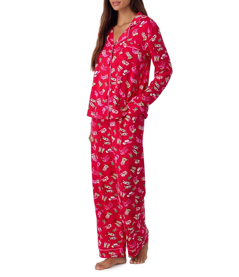 Room Service Long Sleeve Notch Collar Cozy Jersey Festive Rodeo Print Long Holiday Pajama Set