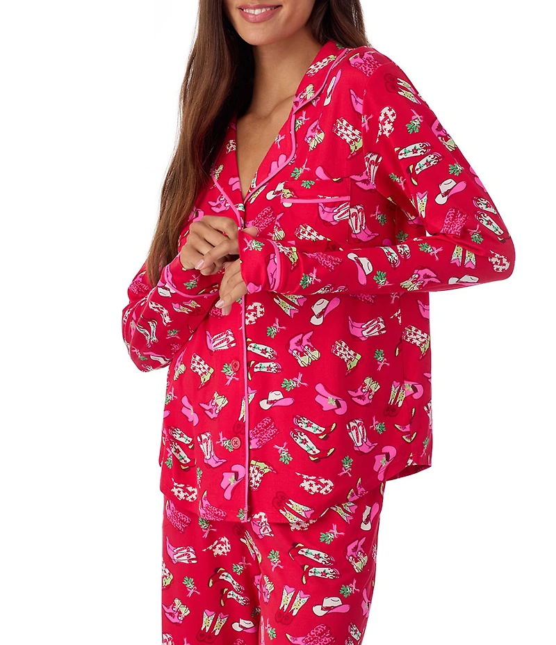 Room Service Long Sleeve Notch Collar Cozy Jersey Festive Rodeo Print Long Holiday Pajama Set