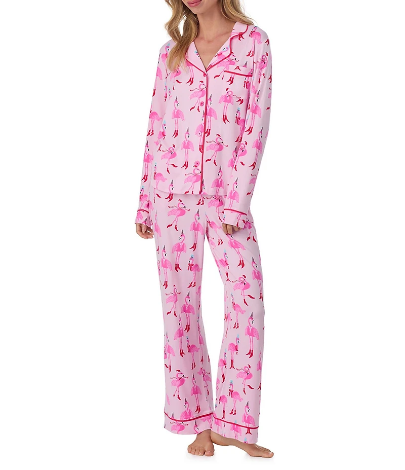 Room Service Long Sleeve Notch Collar Cozy Jersey Holiday Flamingo Print Long Holiday Pajama Set