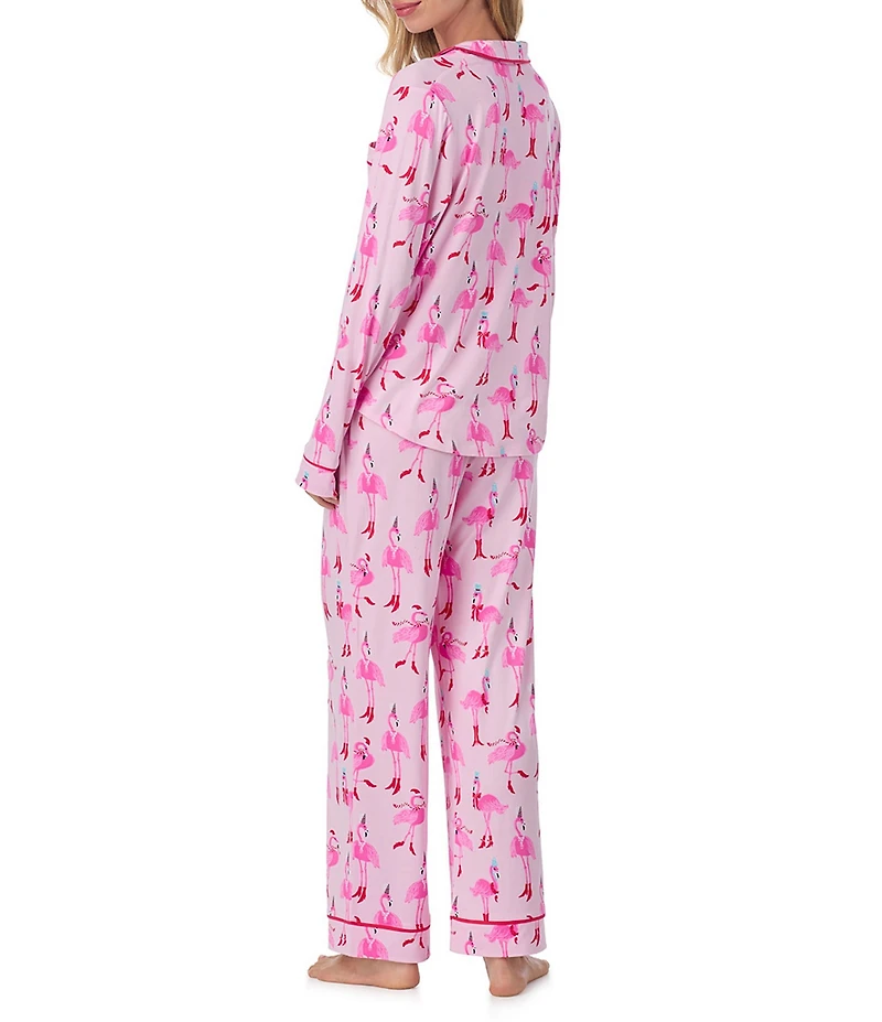 Room Service Long Sleeve Notch Collar Cozy Jersey Holiday Flamingo Print Long Holiday Pajama Set