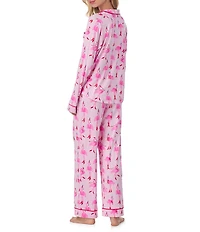 Room Service Long Sleeve Notch Collar Cozy Jersey Holiday Flamingo Print Long Holiday Pajama Set