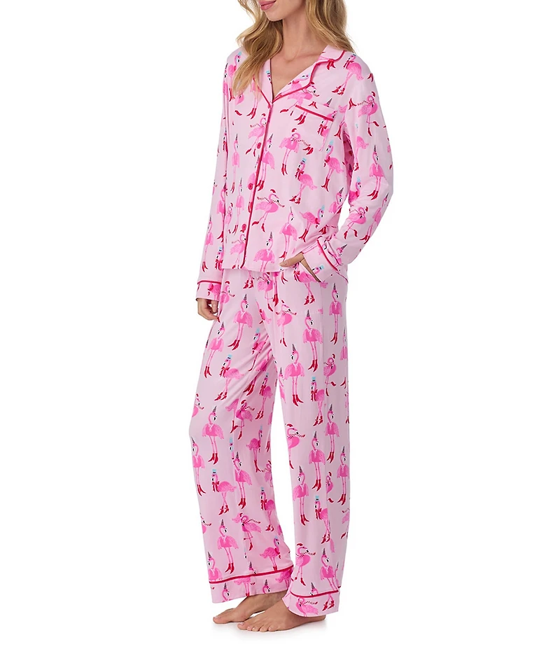 Room Service Long Sleeve Notch Collar Cozy Jersey Holiday Flamingo Print Long Holiday Pajama Set