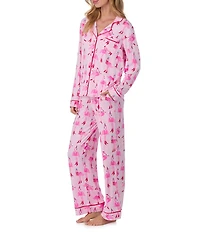 Room Service Long Sleeve Notch Collar Cozy Jersey Holiday Flamingo Print Long Holiday Pajama Set