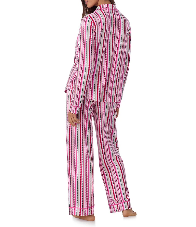 Room Service Long Sleeve Notch Collar Cozy Jersey Multi Stripe Print Long Holiday Pajama Set
