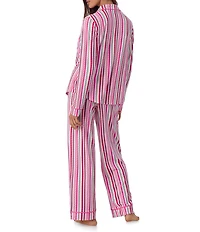 Room Service Long Sleeve Notch Collar Cozy Jersey Multi Stripe Print Long Holiday Pajama Set