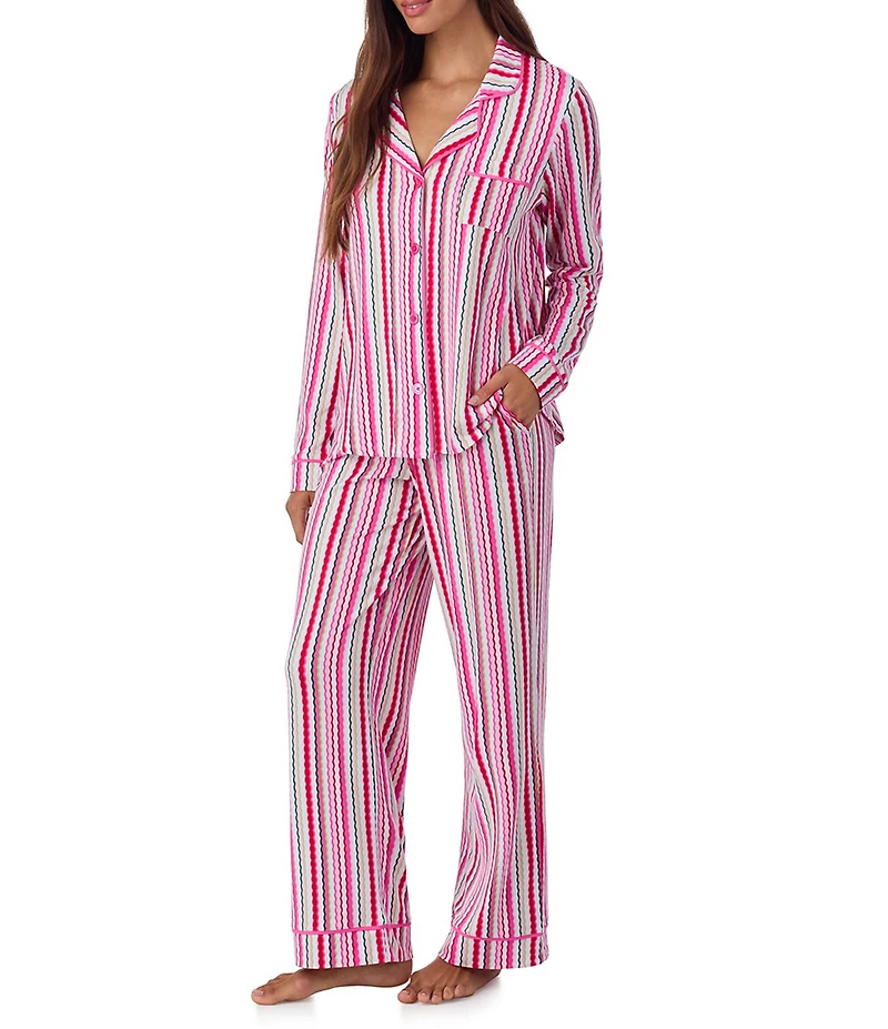 Room Service Long Sleeve Notch Collar Cozy Jersey Multi Stripe Print Long Holiday Pajama Set