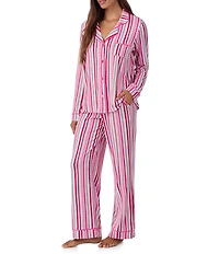 Room Service Long Sleeve Notch Collar Cozy Jersey Multi Stripe Print Long Holiday Pajama Set