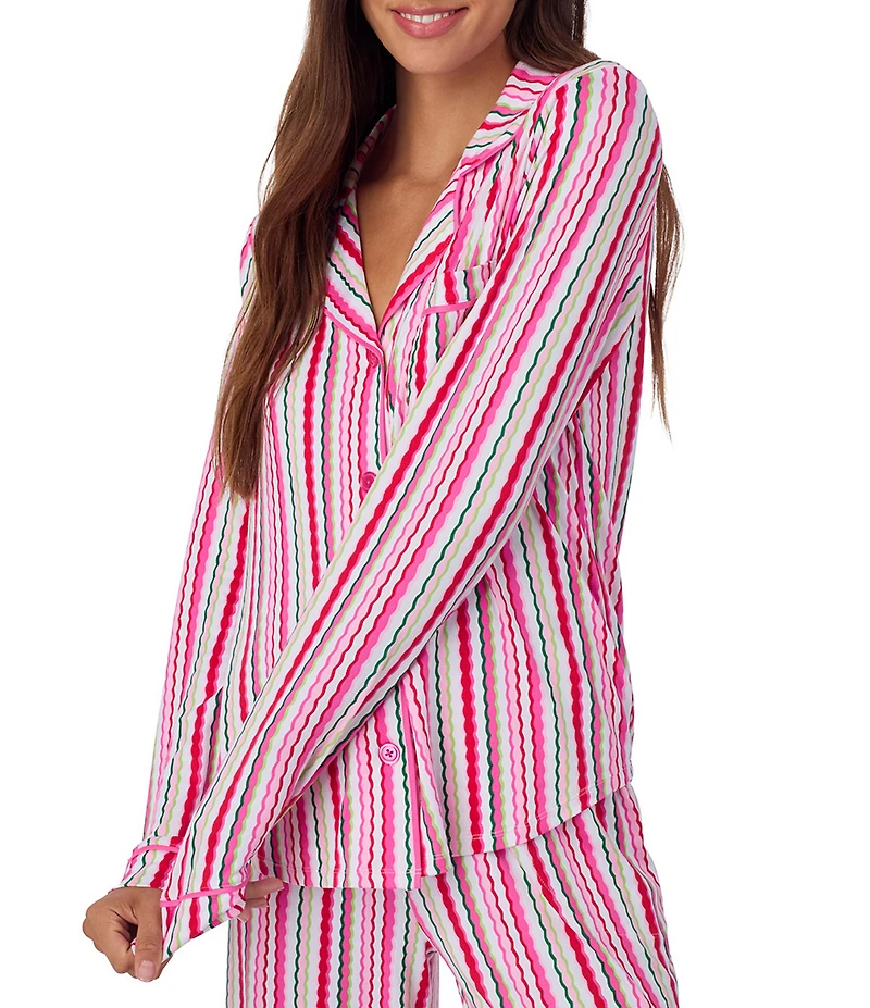 Room Service Long Sleeve Notch Collar Cozy Jersey Multi Stripe Print Long Holiday Pajama Set