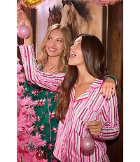 Room Service Long Sleeve Notch Collar Cozy Jersey Multi Stripe Print Long Holiday Pajama Set