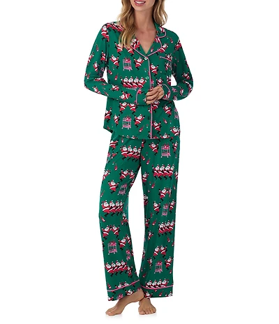 Room Service Long Sleeve Notch Collar Cozy Jersey Santa Print Long Holiday Pajama Set