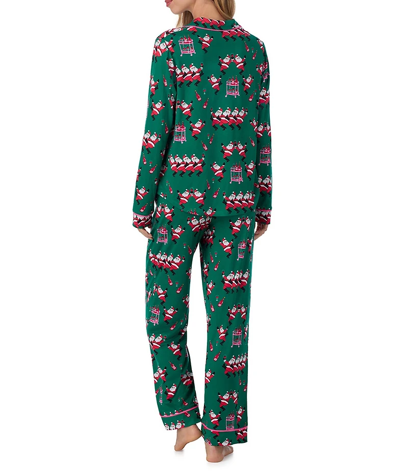 Room Service Long Sleeve Notch Collar Cozy Jersey Santa Print Long Holiday Pajama Set