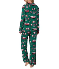 Room Service Long Sleeve Notch Collar Cozy Jersey Santa Print Long Holiday Pajama Set