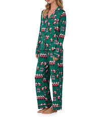 Room Service Long Sleeve Notch Collar Cozy Jersey Santa Print Long Holiday Pajama Set