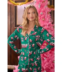 Room Service Long Sleeve Notch Collar Cozy Jersey Santa Print Long Holiday Pajama Set
