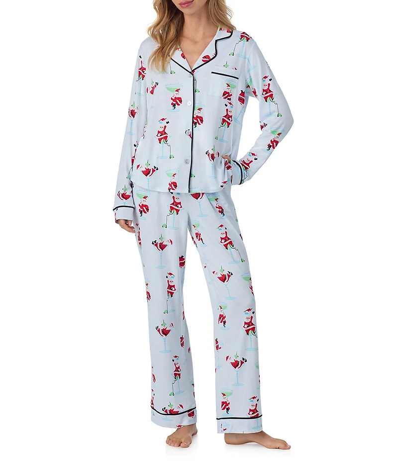 Room Service Long Sleeve Notch Collar Cozy Jersey Tipsy Santa Print Long Holiday Pajama Set