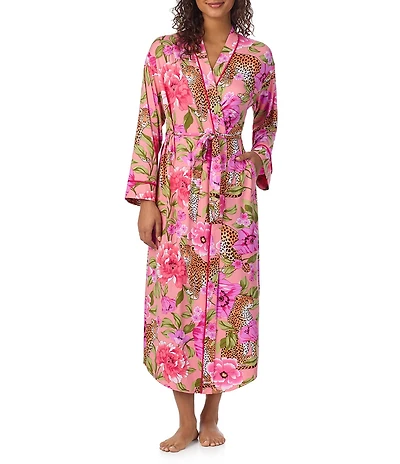 Room Service Long Sleeve Open Lapel Belt Tie Closure Leopard Floral Print Coordinating Maxi Robe