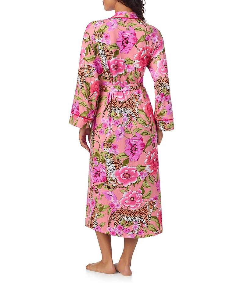 Room Service Long Sleeve Open Lapel Belt Tie Closure Leopard Floral Print Coordinating Maxi Robe