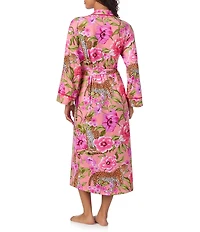 Room Service Long Sleeve Open Lapel Belt Tie Closure Leopard Floral Print Coordinating Maxi Robe