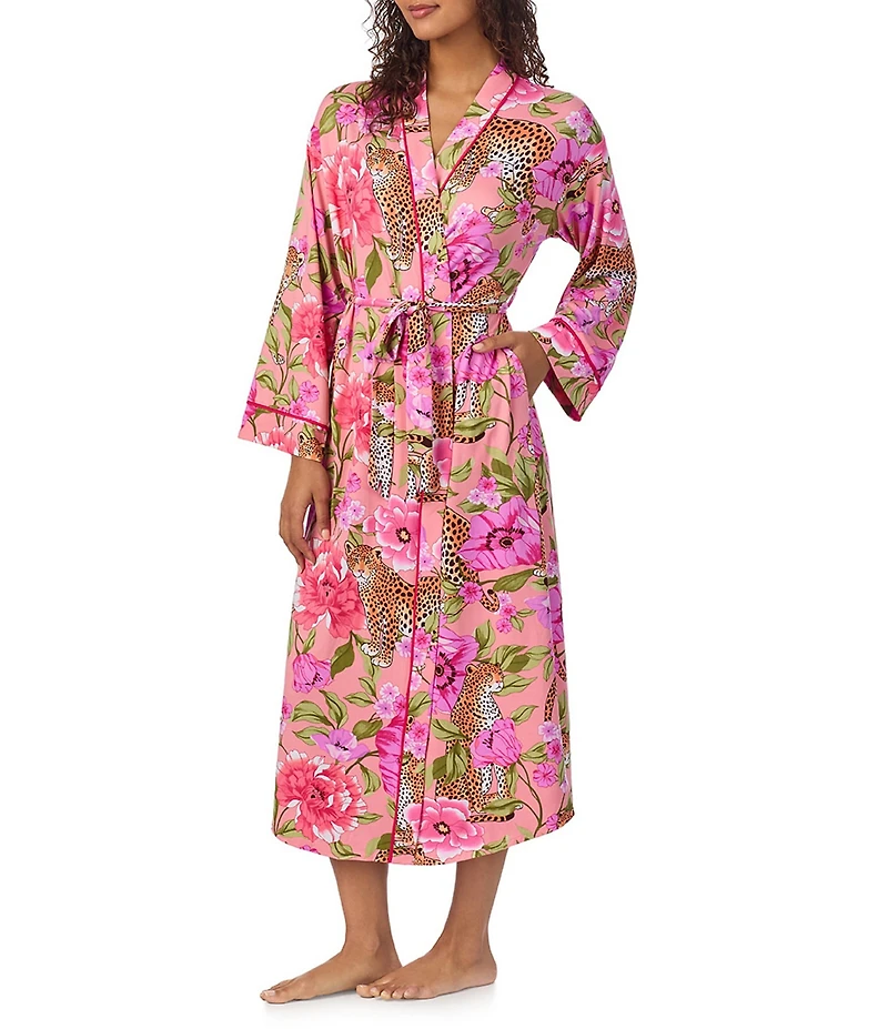 Room Service Long Sleeve Open Lapel Belt Tie Closure Leopard Floral Print Coordinating Maxi Robe