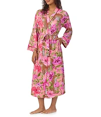 Room Service Long Sleeve Open Lapel Belt Tie Closure Leopard Floral Print Coordinating Maxi Robe