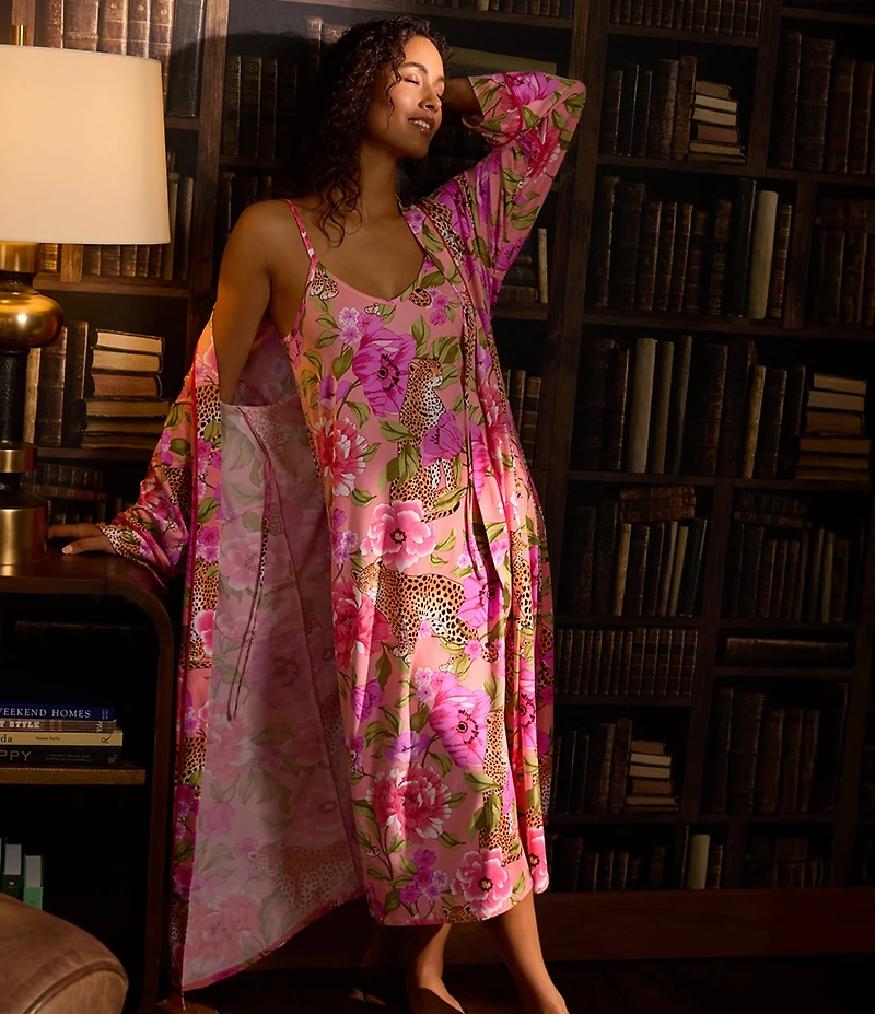 Room Service Long Sleeve Open Lapel Belt Tie Closure Leopard Floral Print Coordinating Maxi Robe