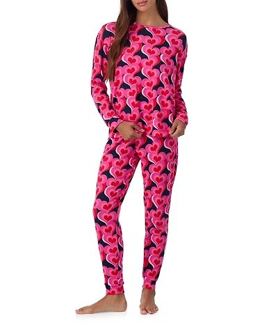 Room Service Long Sleeve Round Neck Top & Jogger Marshmallow Jersey Knit Heart Print Pajama Set