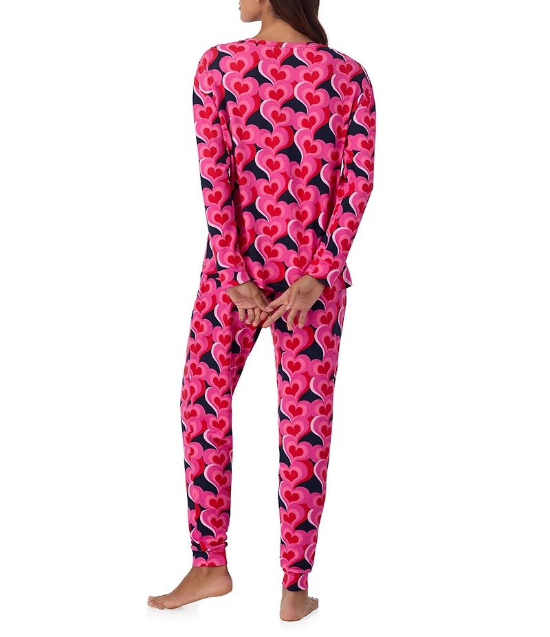 Room Service Long Sleeve Round Neck Top & Jogger Marshmallow Jersey Knit Heart Print Pajama Set