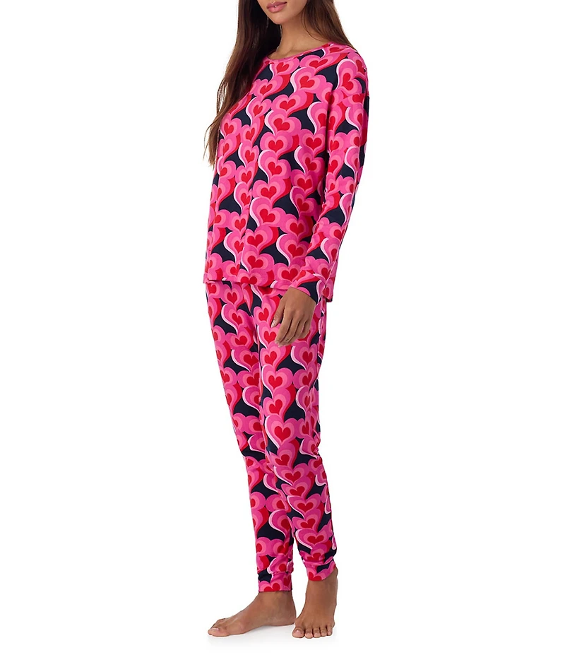 Room Service Long Sleeve Round Neck Top & Jogger Marshmallow Jersey Knit Heart Print Pajama Set