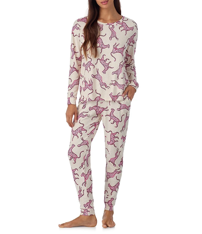 Room Service Long Sleeve Round Neck Top & Jogger Marshmallow Jersey Knit Leopard Print Pajama Set