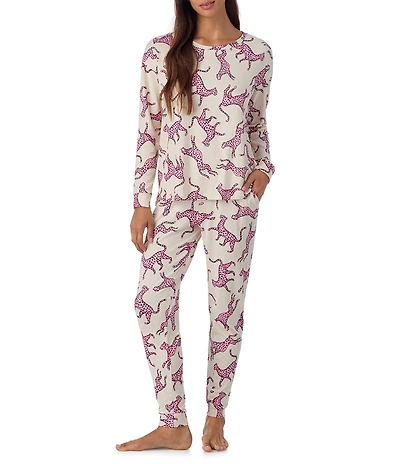 Room Service Long Sleeve Round Neck Top & Jogger Marshmallow Jersey Knit Leopard Print Pajama Set