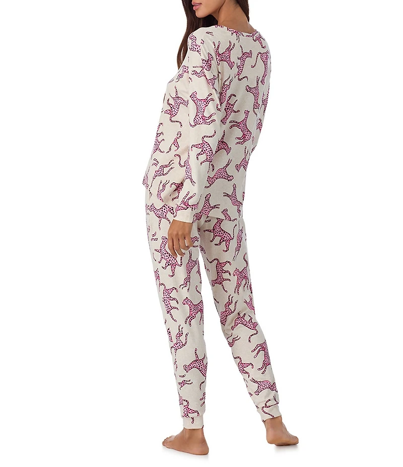 Room Service Long Sleeve Round Neck Top & Jogger Marshmallow Jersey Knit Leopard Print Pajama Set