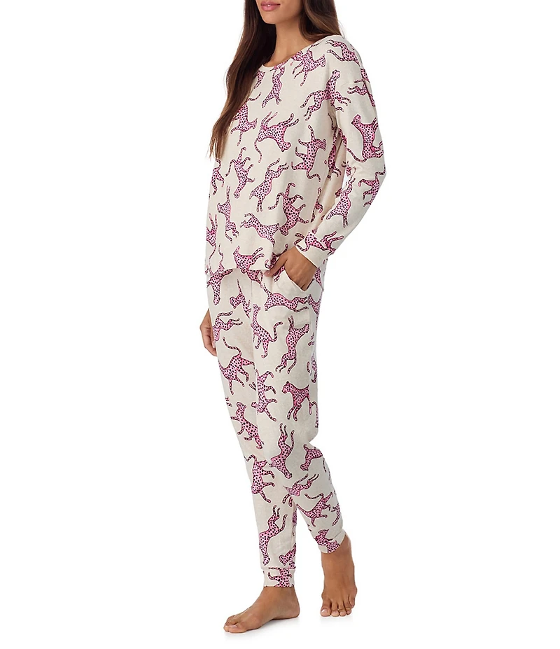 Room Service Long Sleeve Round Neck Top & Jogger Marshmallow Jersey Knit Leopard Print Pajama Set
