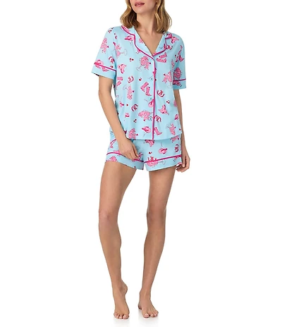 Room Service Miss Martini Print Short Sleeve Notch Collar Cozy Jersey Knit Shorty Pajama Set