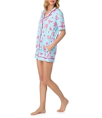 Room Service Miss Martini Print Short Sleeve Notch Collar Cozy Jersey Knit Shorty Pajama Set