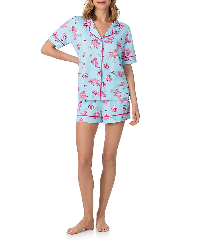 Room Service Miss Martini Print Short Sleeve Notch Collar Cozy Jersey Knit Shorty Pajama Set