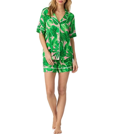 Room Service Palm Cove Print Short Sleeve Notch Collar Jersey Knit Shorty Pajama Set