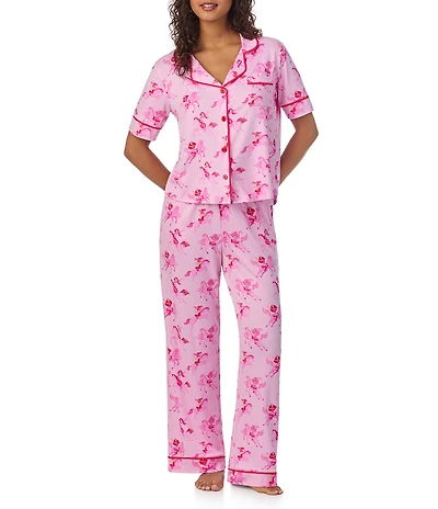 Room Service Pink Pony Pop Short Sleeve Notch Collar Top & Long Pant Knit Pajama Set