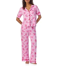 Room Service Pink Pony Pop Short Sleeve Notch Collar Top & Long Pant Knit Pajama Set