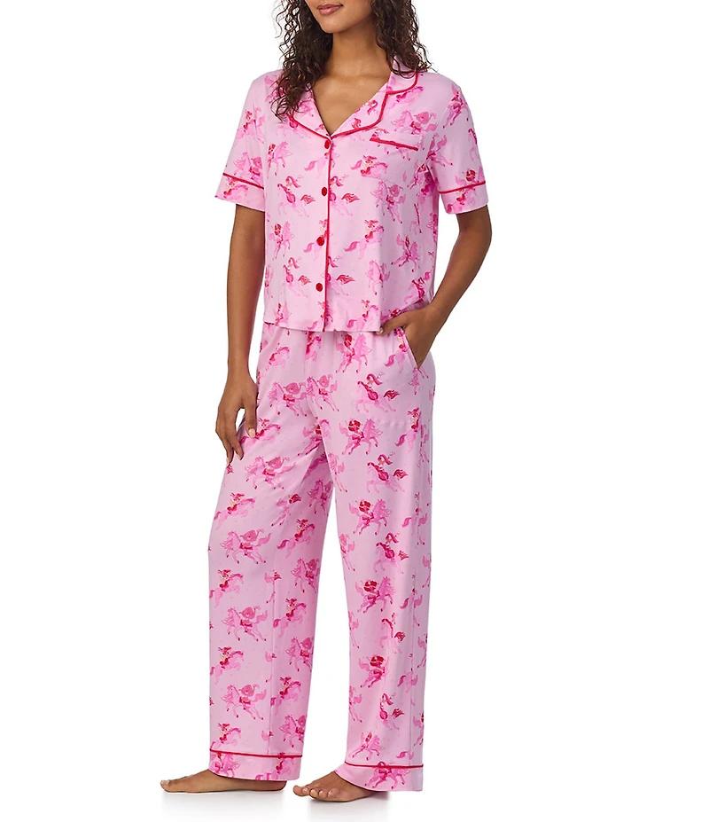 Room Service Pink Pony Pop Short Sleeve Notch Collar Top & Long Pant Knit Pajama Set
