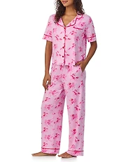 Room Service Pink Pony Pop Short Sleeve Notch Collar Top & Long Pant Knit Pajama Set