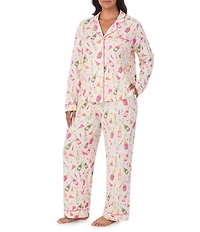 Room Service Plus Size Champagne Print Long Sleeve Notch Collar Knit Long Pajama Set