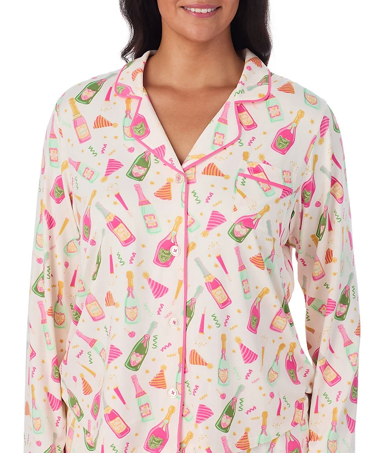 Room Service Plus Size Champagne Print Long Sleeve Notch Collar Knit Long Pajama Set