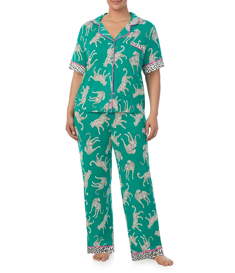 Room Service Plus Size Cheetah Print Short Sleeve Notch Collar Knit Pajama Set