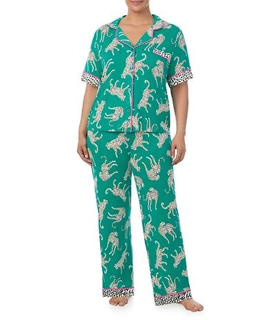 Room Service Plus Size Cheetah Print Short Sleeve Notch Collar Knit Pajama Set