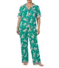 Room Service Plus Size Cheetah Print Short Sleeve Notch Collar Knit Pajama Set