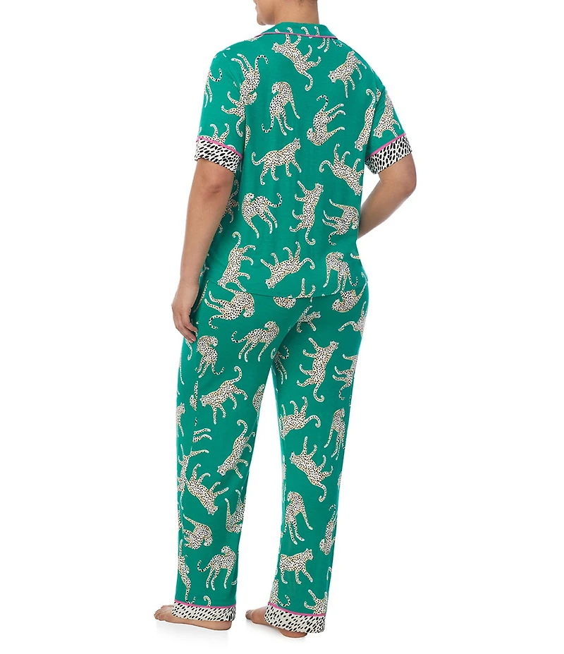 Room Service Plus Size Cheetah Print Short Sleeve Notch Collar Knit Pajama Set