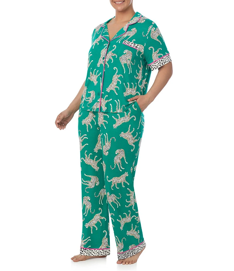 Room Service Plus Size Cheetah Print Short Sleeve Notch Collar Knit Pajama Set