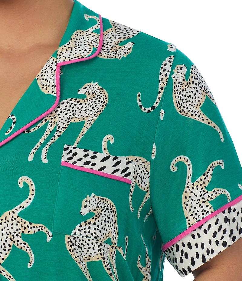 Room Service Plus Size Cheetah Print Short Sleeve Notch Collar Knit Pajama Set