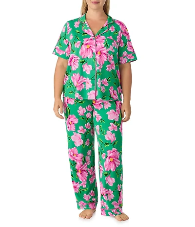 Room Service Plus Size Floral Print Short Sleeve Notch Collar Cozy Jersey Knit Long Pajama Set